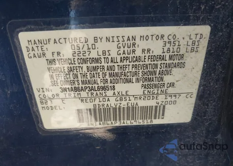 2010 Nissan Sentra 2.0Sl from USA, damaged, VIN 3N1AB6AP3AL696518